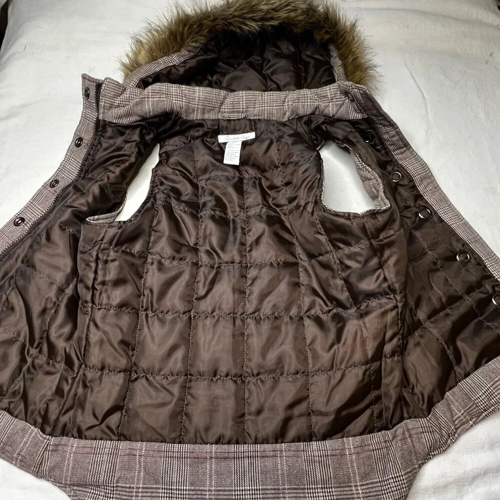Charlotte Russe Plaid Puffer Vest Faux Fur Hood Brown S Snap Full Zip Pockets - Picture 14 of 16